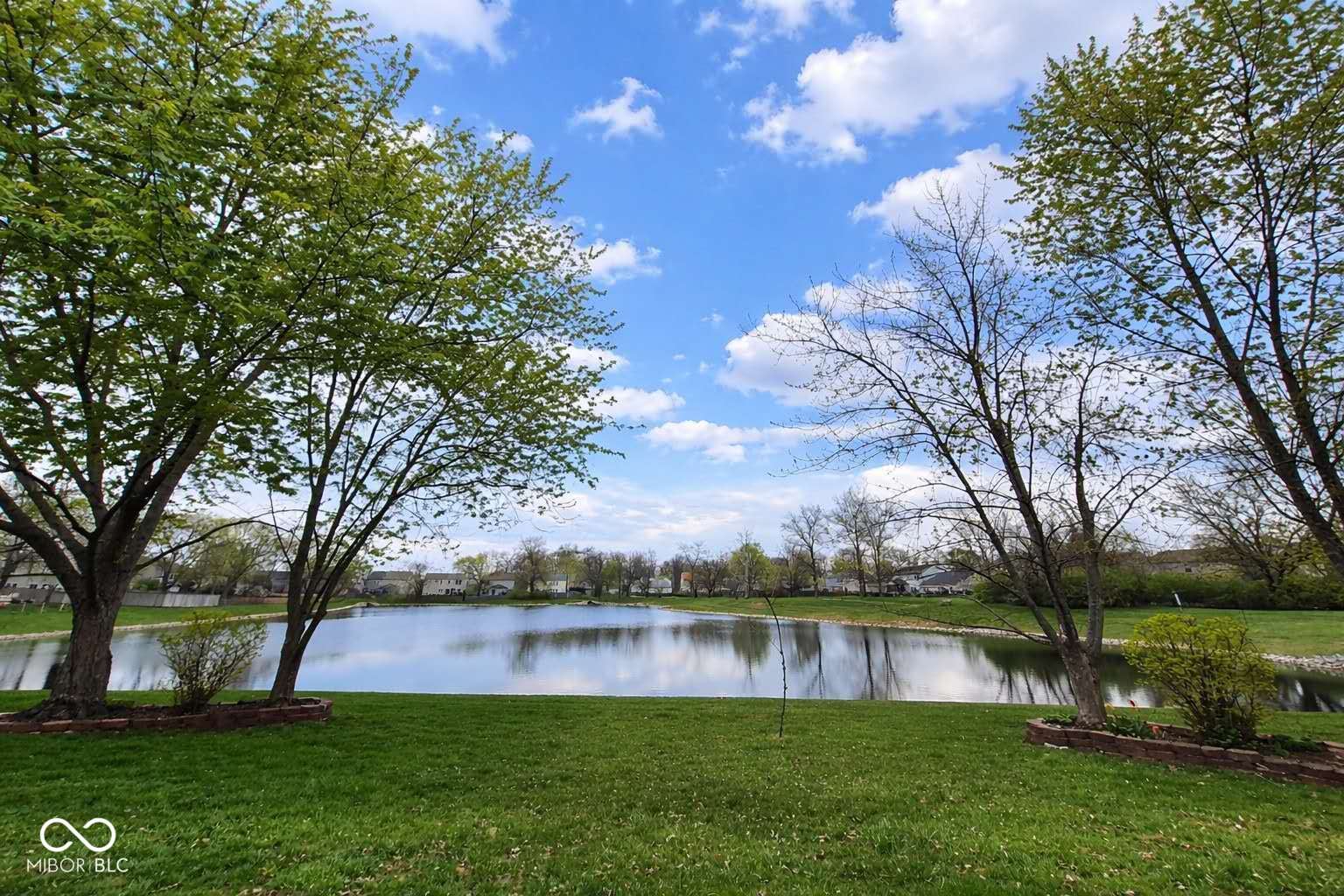 Serene pond with mature trees and expansive lawn.