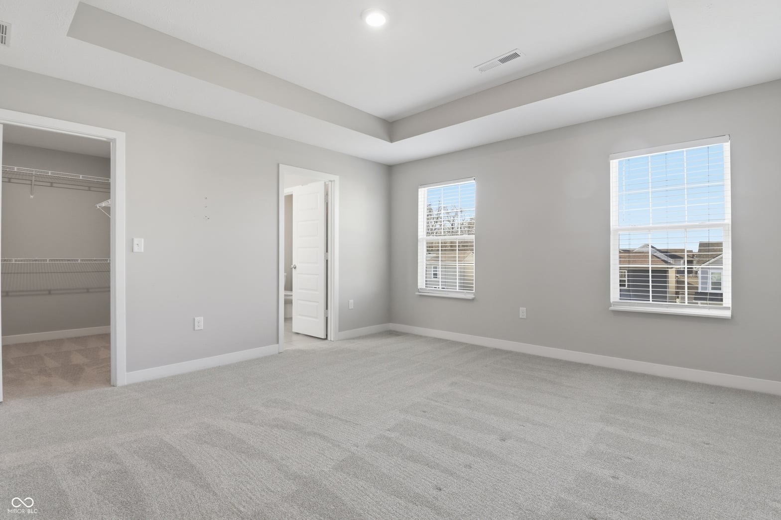 Spacious primary suite with tray ceiling and natural light.