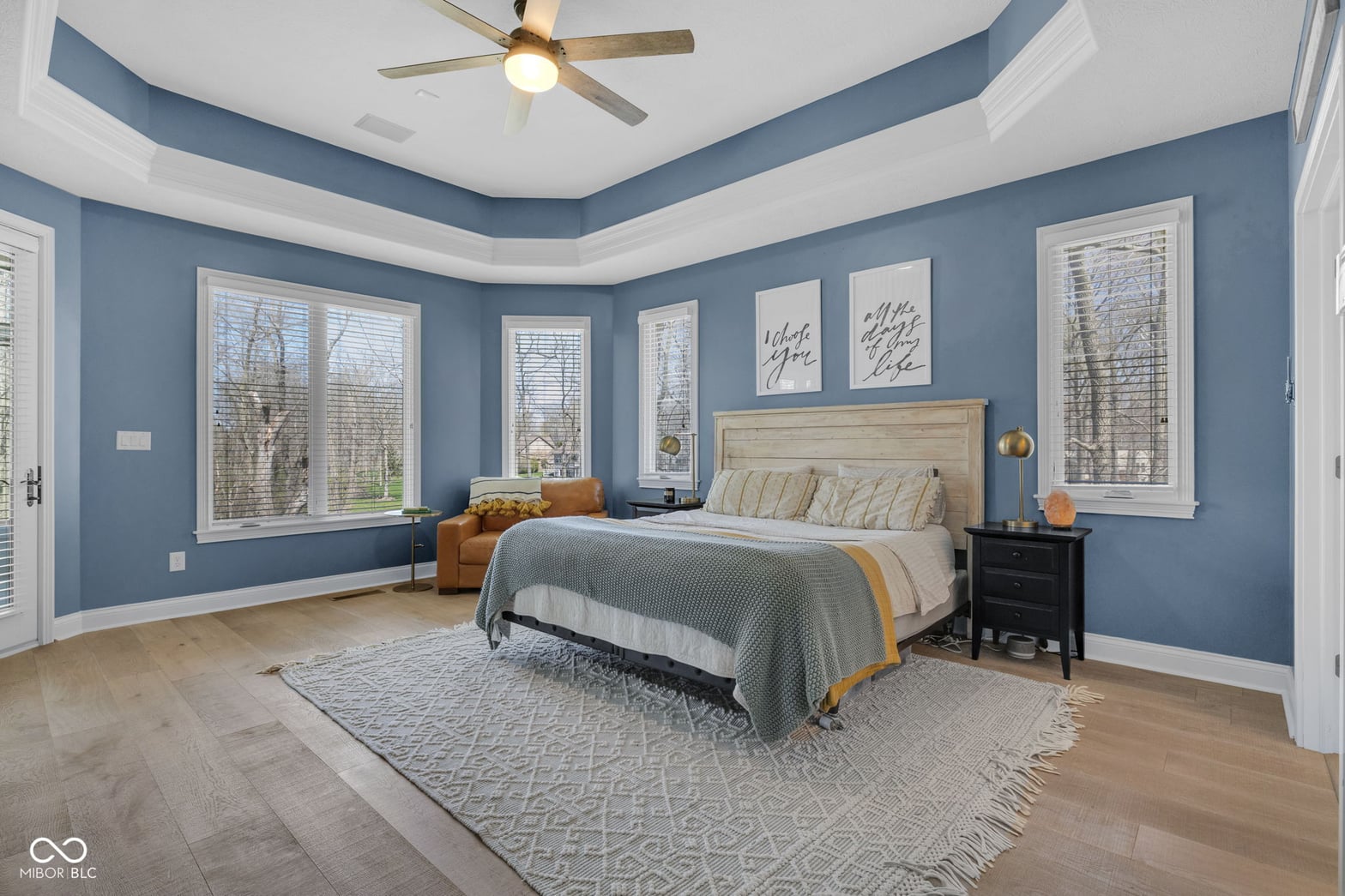 Spacious primary bedroom with elegant tray ceiling and abundant natural light.