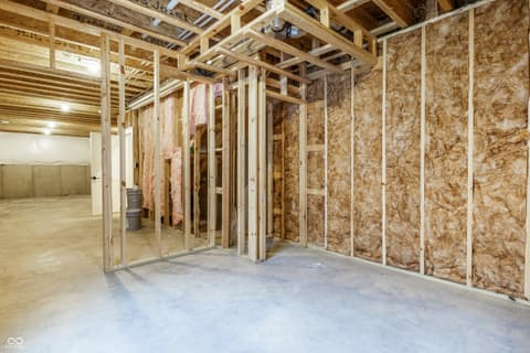 Basement at 18802 Cromarty Circle, Noblesville, IN — Unfinished basement with framing and insulation ready.