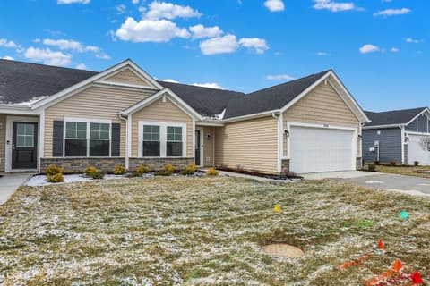 Front exterior at 19488 Atwater, Sheridan, IN — New construction home with modern ranch style design.
