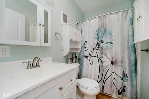 Bathroom at 9135 E 256th Street, Arcadia, IN — Updated bathroom with mint accents and modern fixtures.