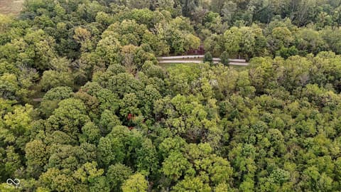 Aerial view at 9135 E 256th Street, Arcadia, IN — Heavily wooded property with mature trees and privacy.