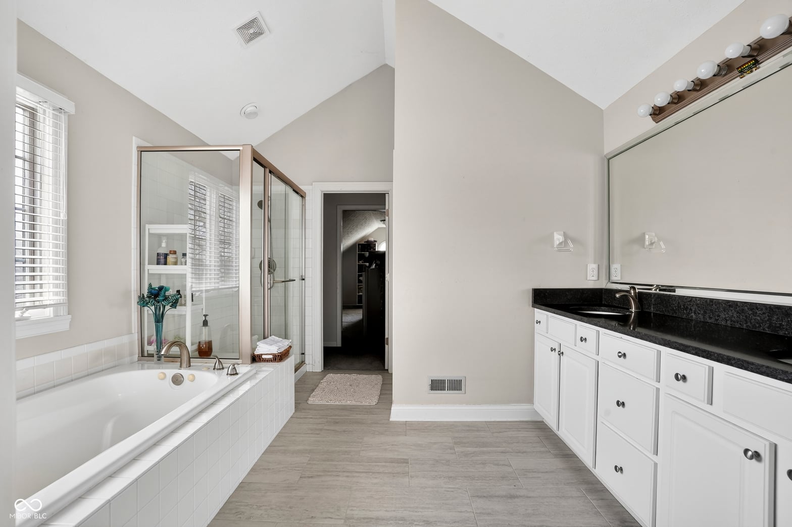 Luxurious primary bath with soaking tub and walk-in shower.