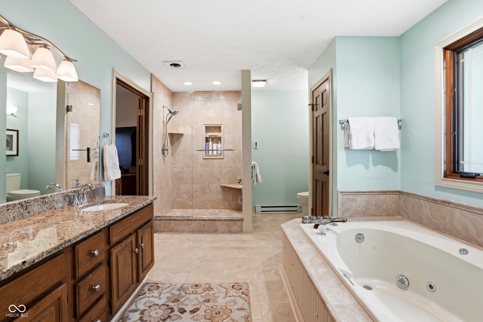Luxurious primary bath with spa-like soaking tub and walk-in shower.