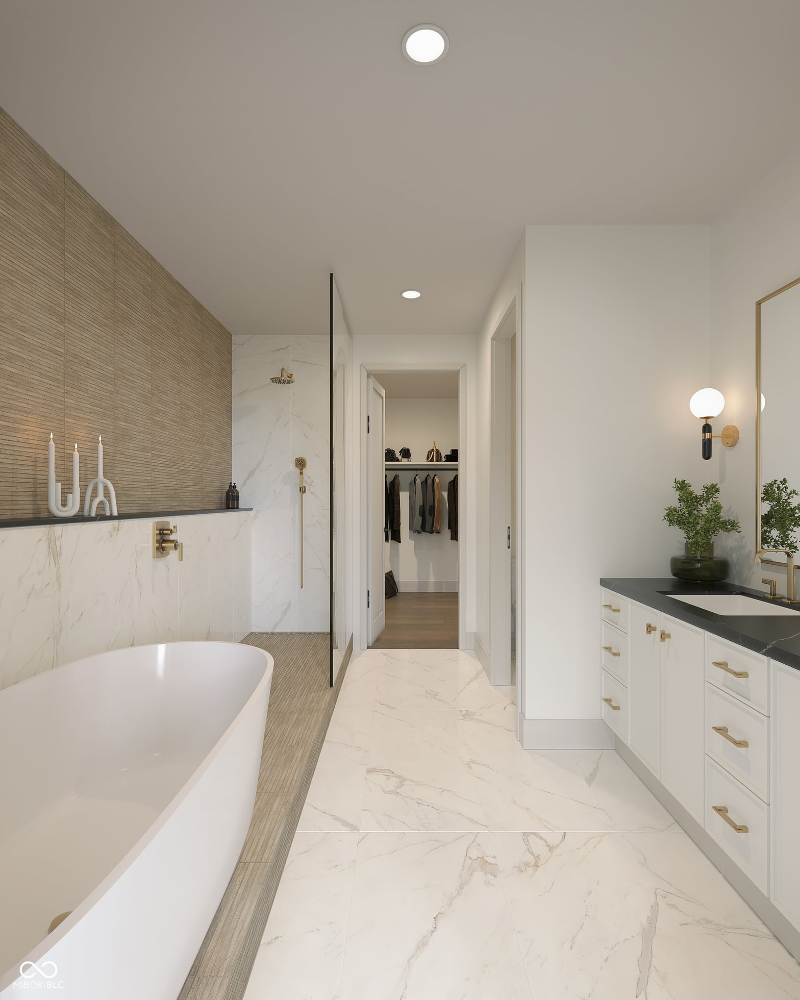 Luxurious primary bath with spa-like freestanding tub.