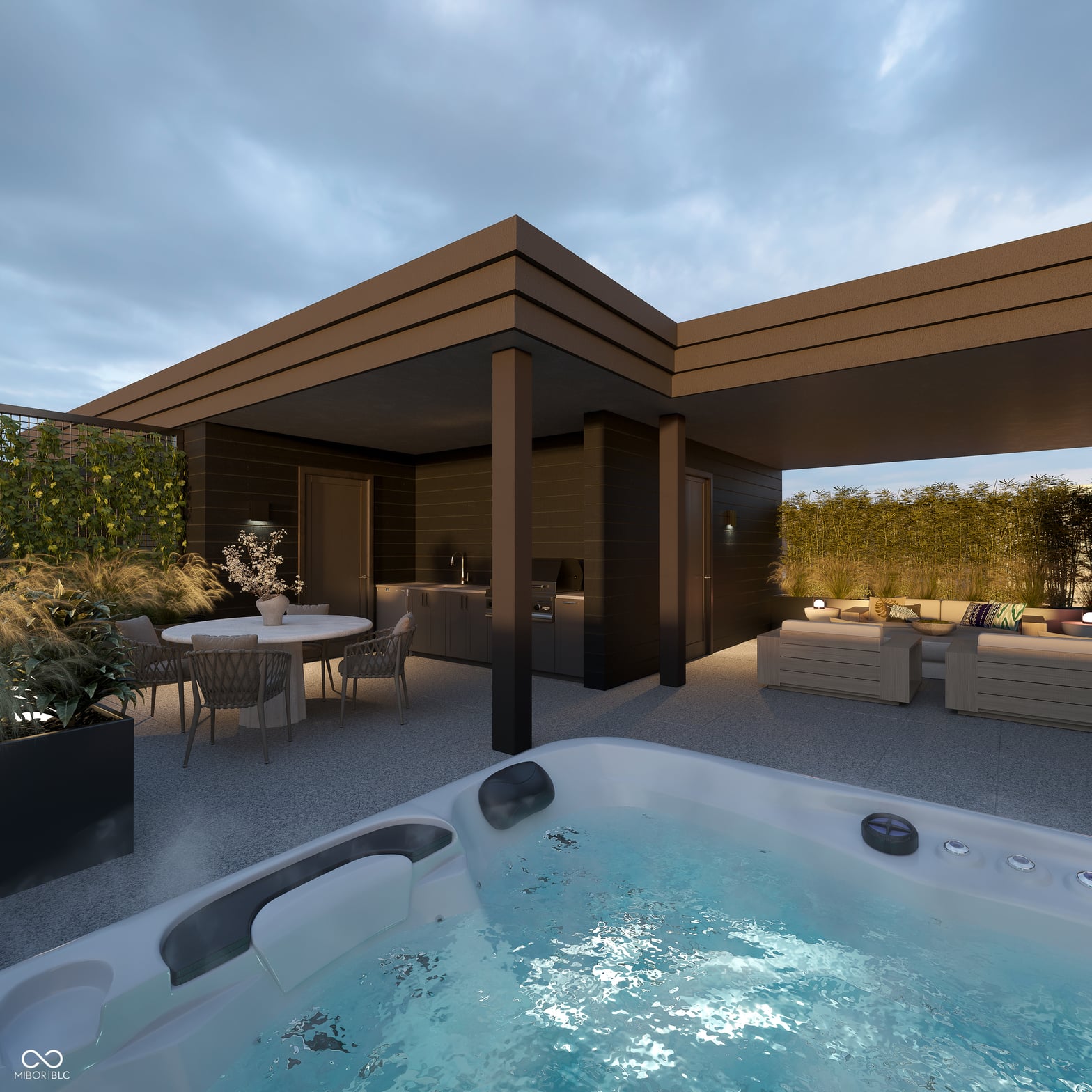 Luxurious modern outdoor living with hot tub and covered pavilion.