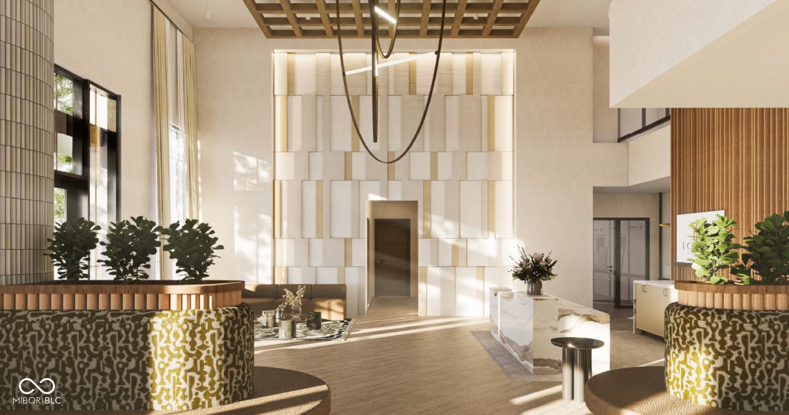 Stunning modern foyer with geometric accent wall and abundant natural light.