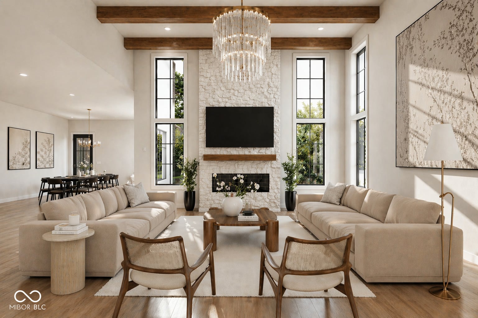 Modern living room with fireplace and exposed beams.
