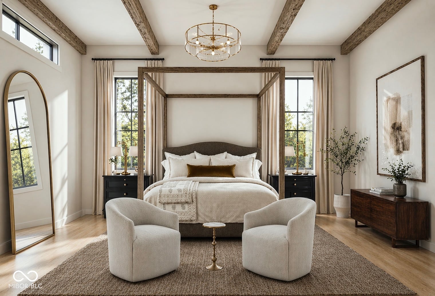 Luxurious primary bedroom with exposed beams and canopy bed.
