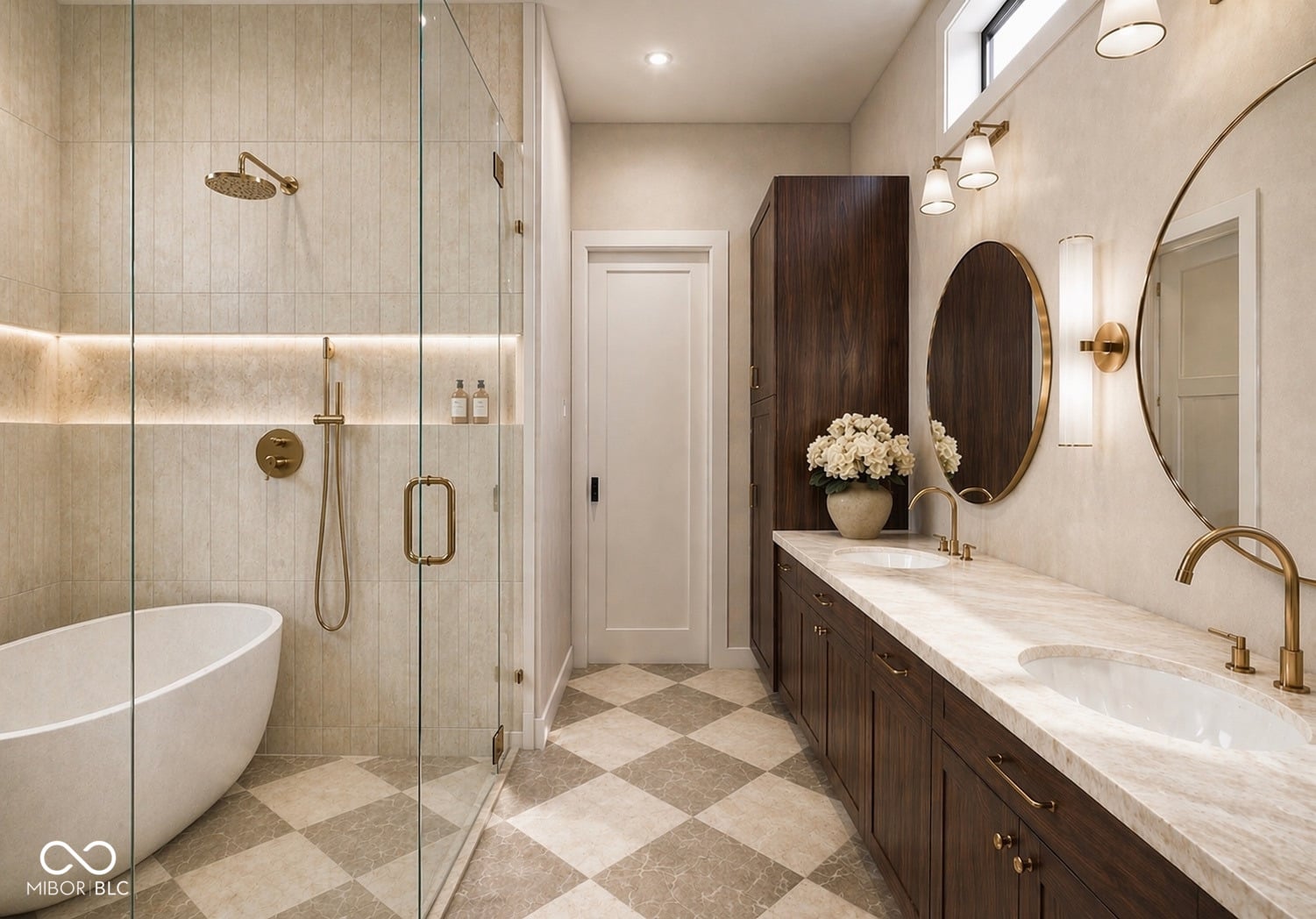 Luxurious primary bath with dual vanity and soaking tub