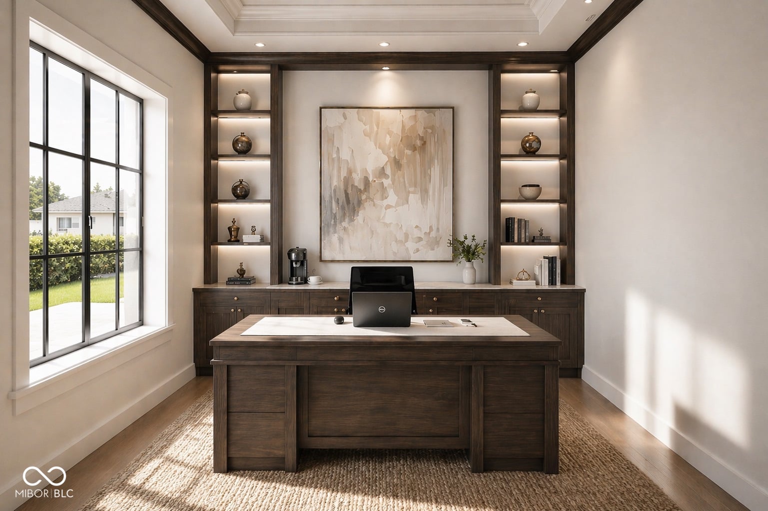 Sophisticated home office with custom built-ins and natural light.