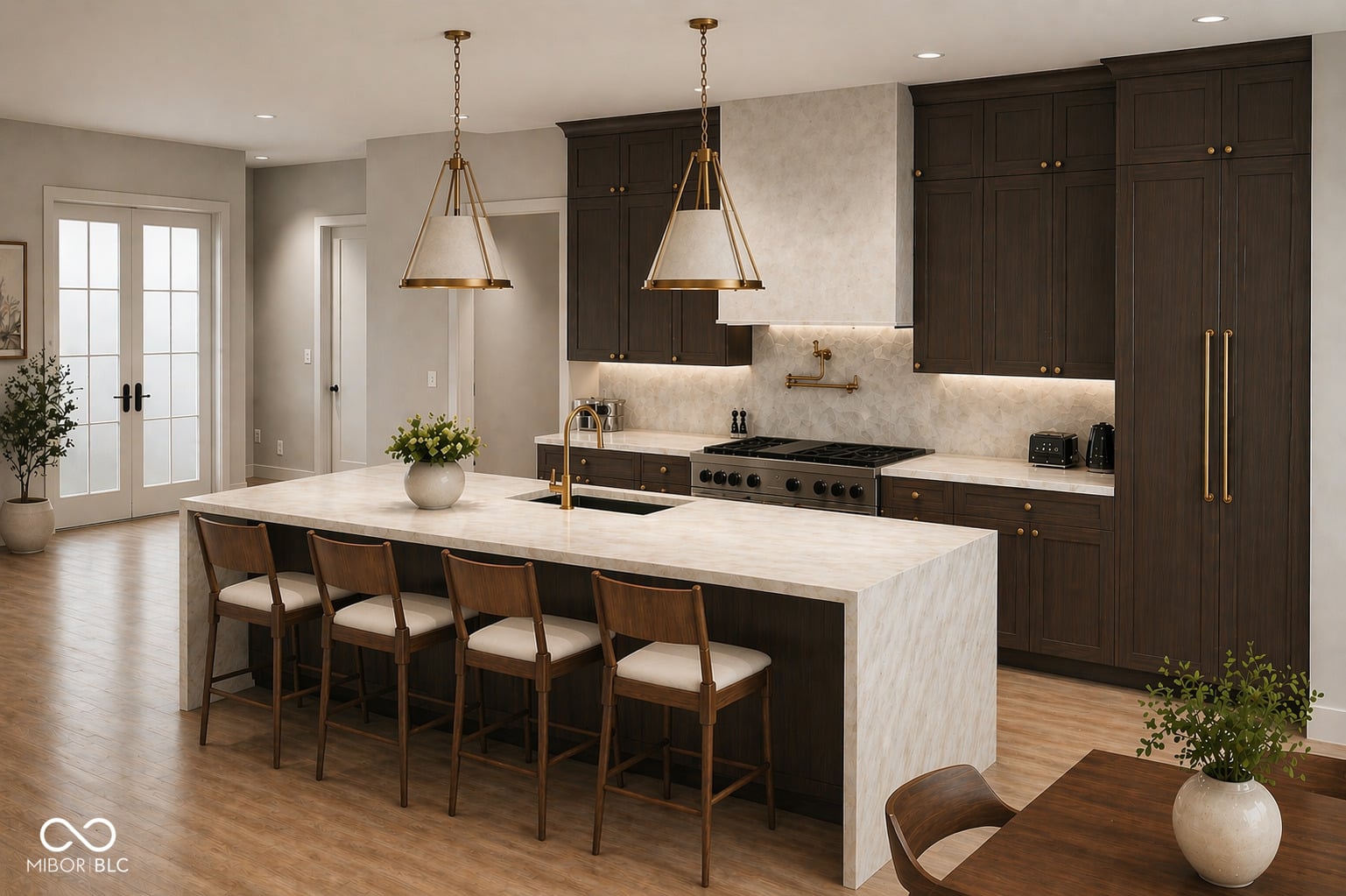 Modern kitchen with marble island and professional gas range.