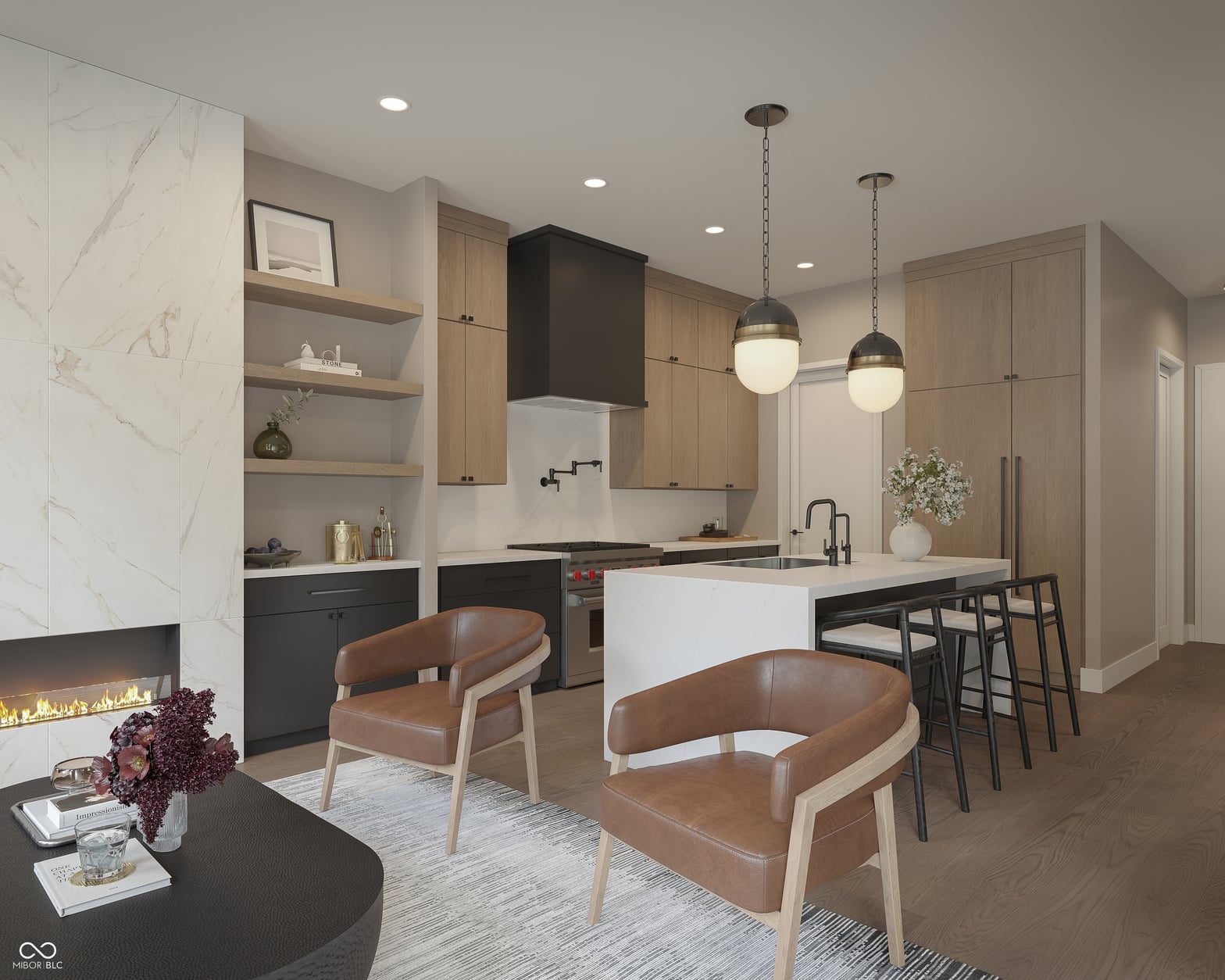 Modern kitchen with marble, two-tone cabinetry, and pendant lights.