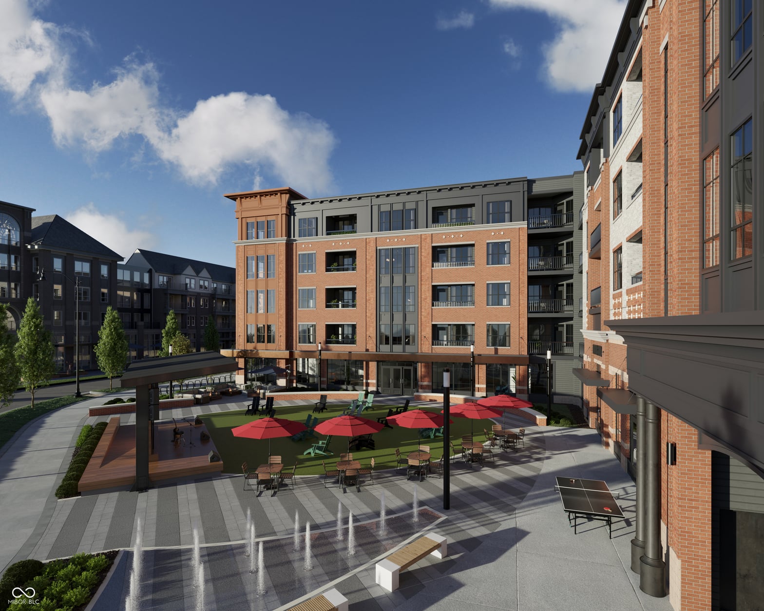 Modern mixed-use courtyard with ample outdoor seating.