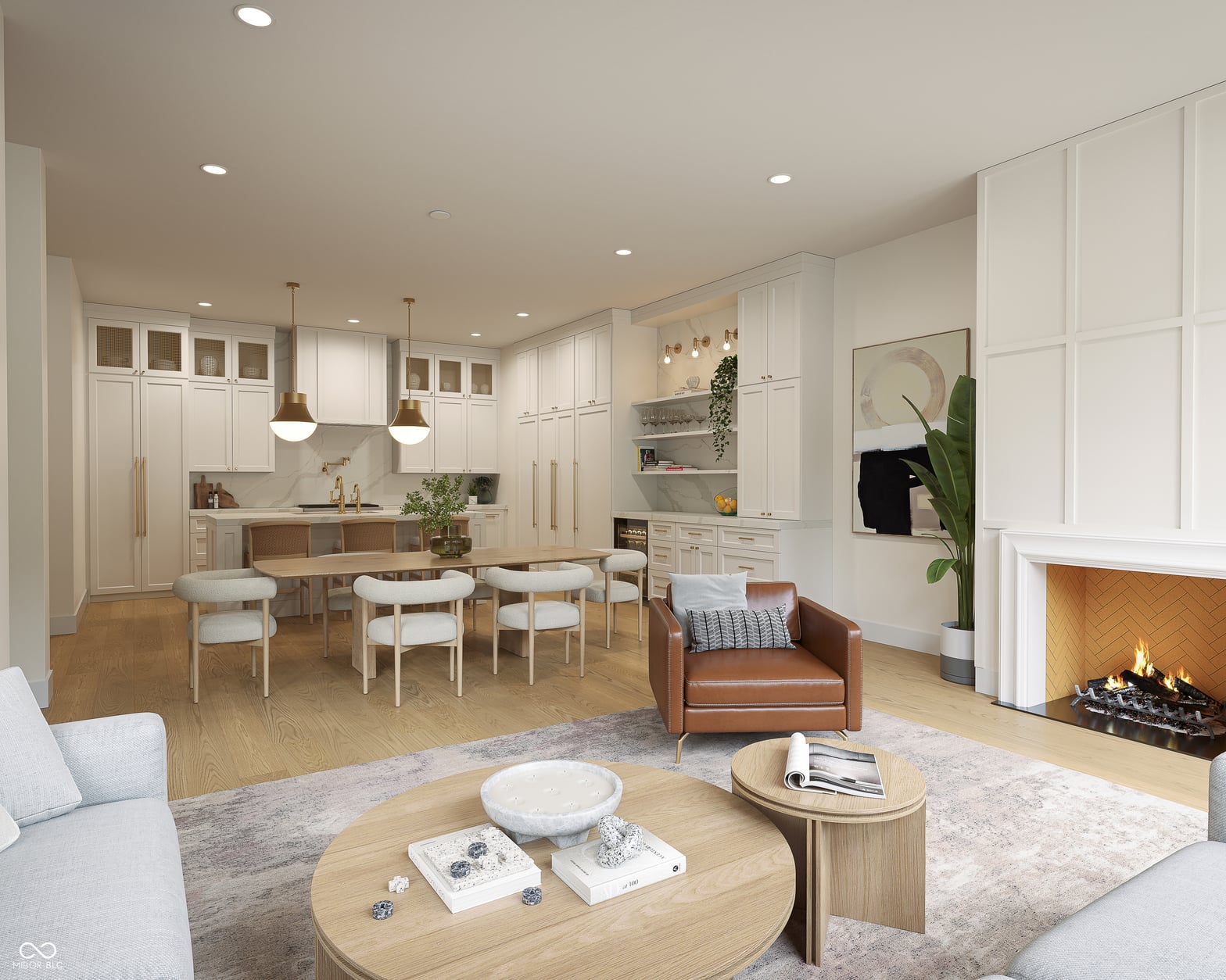 Stunning open-concept living space with fireplace.