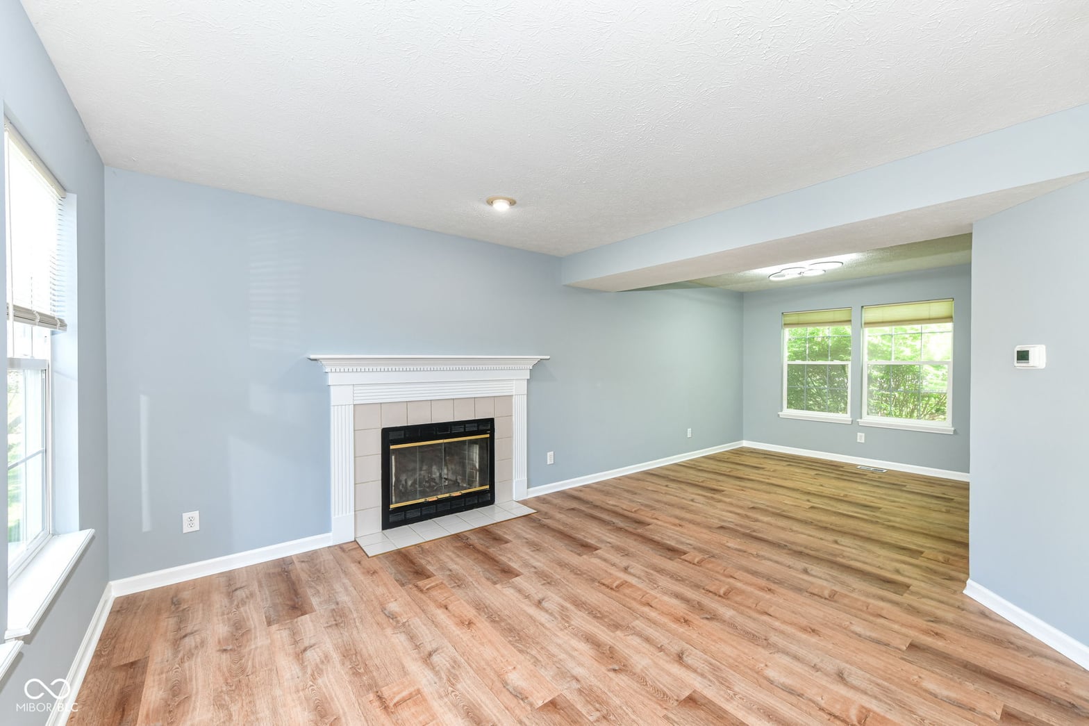 Bright living room with fireplace and hardwood floors.