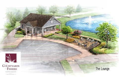 Outdoor living area at 16743 Sunland Farm Drive, Fishers, IN — Waterfront lounge with scenic pond views and patio seating.