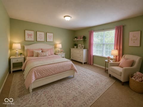 Bedroom at 13563 Guy Street, Fishers, IN — Bright, spacious bedroom with soft pink and green decor.
